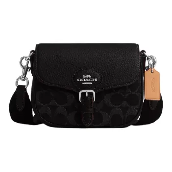 COACH Amelia Denim With Soft Stone Grain Leather Saddle Bag Shoulder Bag Crossbody Bag Small Size Women's Black Silver