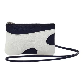 FERRAGAMO Stamped Calfskin Handheld Card Holder Men's Optical White & Midnight Blue