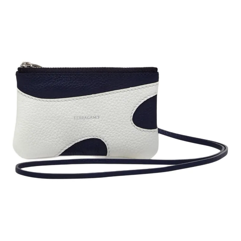 FERRAGAMO Stamped Calfskin Handheld Card Holder Men's Optical White & Midnight Blue-0