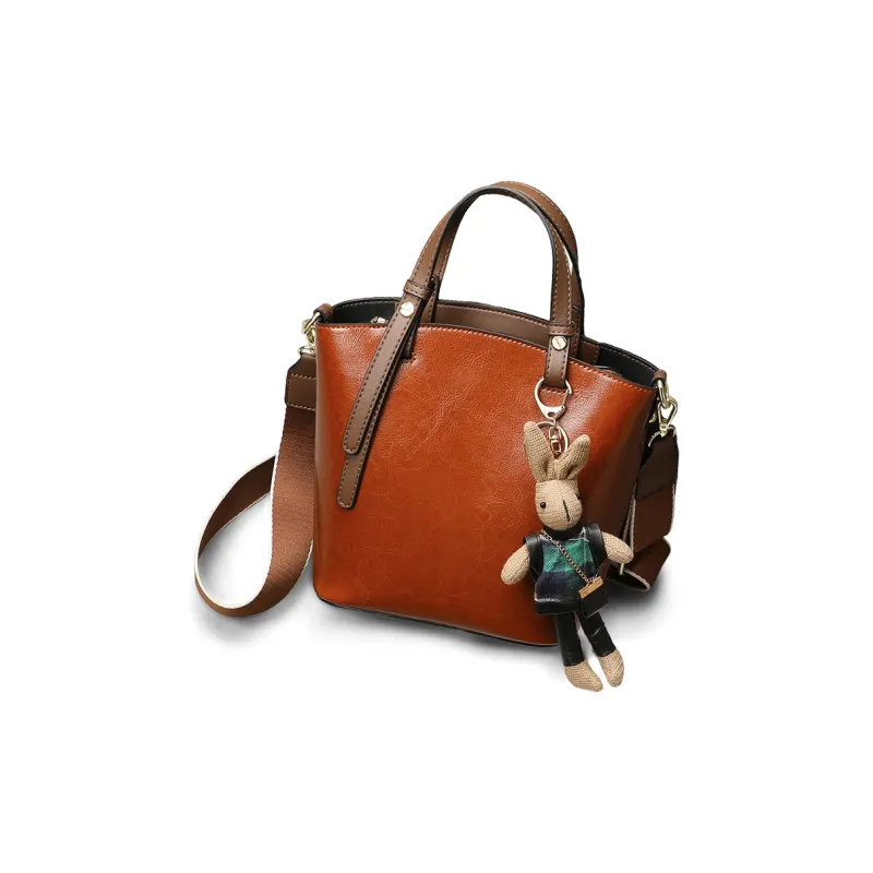 PT'SON Cow Leather Crossbody Tote Bag Bucket Bag Women's Vintage Brown-1