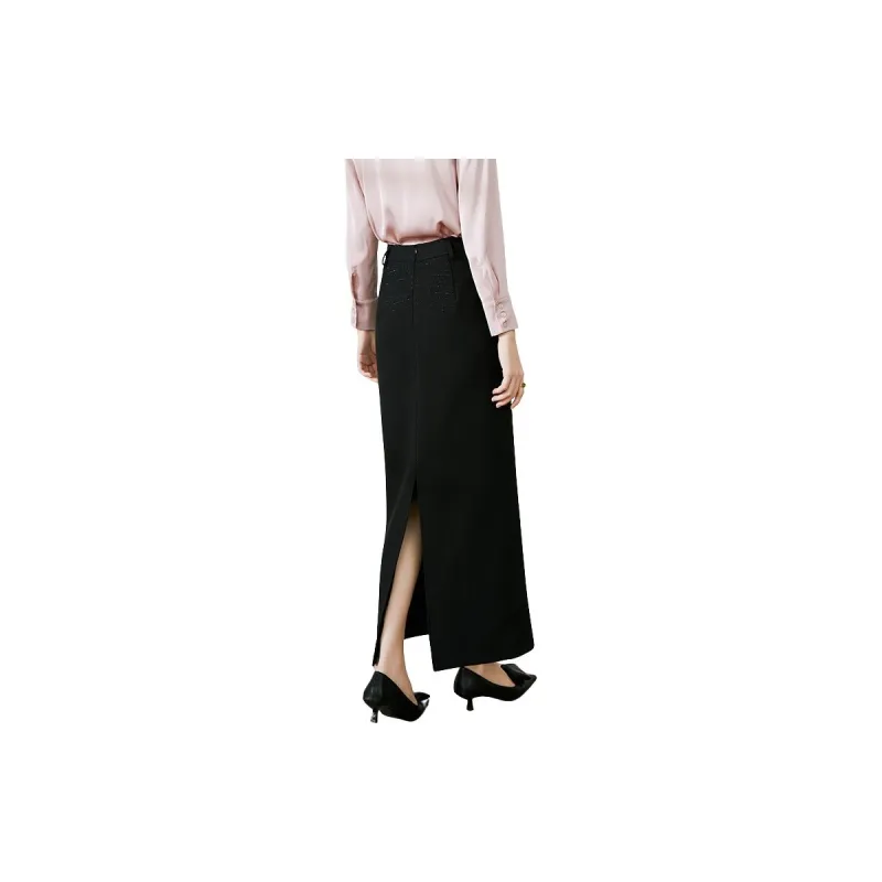 Late White Casual Long Skirts Women's Black-1
