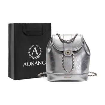 AOKANG Cow Leather With Synthetic Leather Backpack Travel Bag Small Size Women's Silver/Classic Black