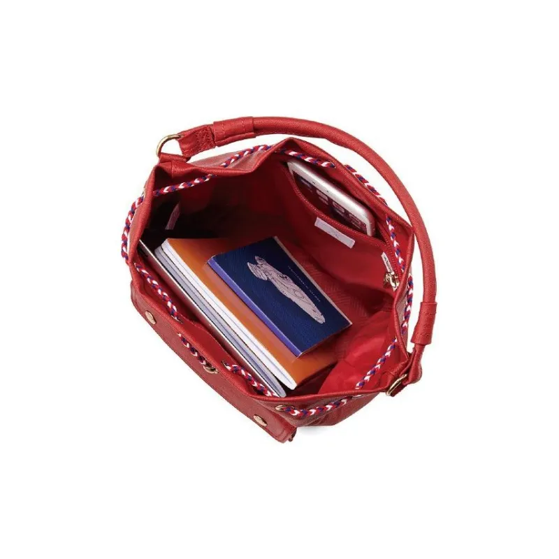 PORTER Linen With PU And Leather Patchwork Bucket Bags Shoulder Bag Crossbody Bag Handbag Unisex Red-2