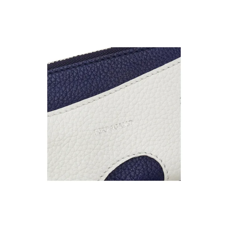 FERRAGAMO Stamped Calfskin Handheld Card Holder Men's Optical White & Midnight Blue-3