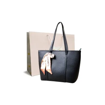 VANDEE Microfiber Shopping Bag Shoulder Bag Large Size Women's Black/Apricot