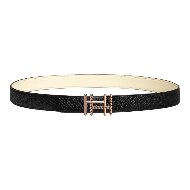 HERMES Double-Sided Design Smooth Buckle Leather Belts Women's Black/White Width 2.4CM-0