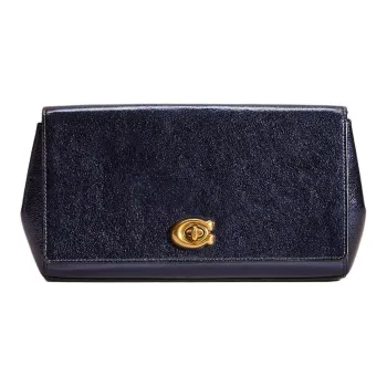COACH Alexa Metallic Textured Leather Clutch Women's Brass Metal Blue