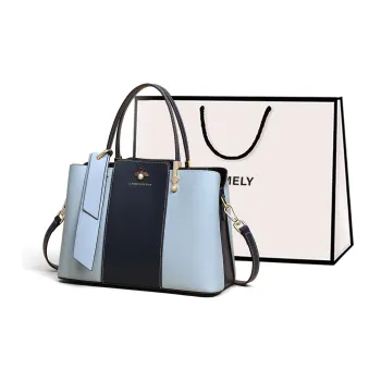 COMELY Cow Leather Patchwork Synthetic Leather Tote Handbag Shoulder Bag Crossbody Bag Large Size Women's Blue