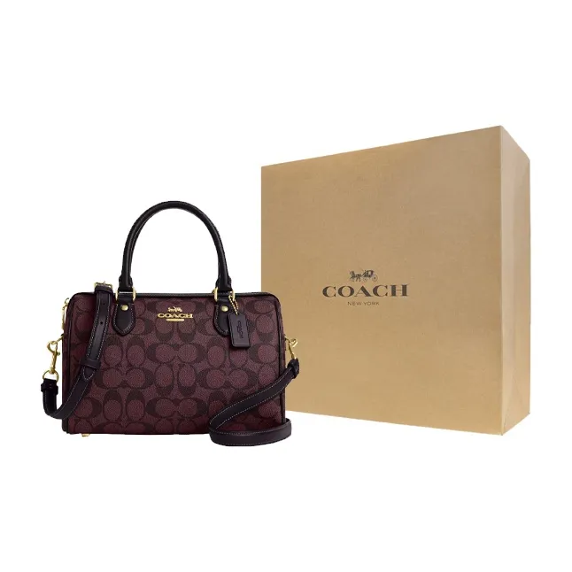 COACH Rowan Canvas With Leather Boston Bag, Handbag, Shoulder Bag, Crossbody Bag Medium Size Women's Coffee-6