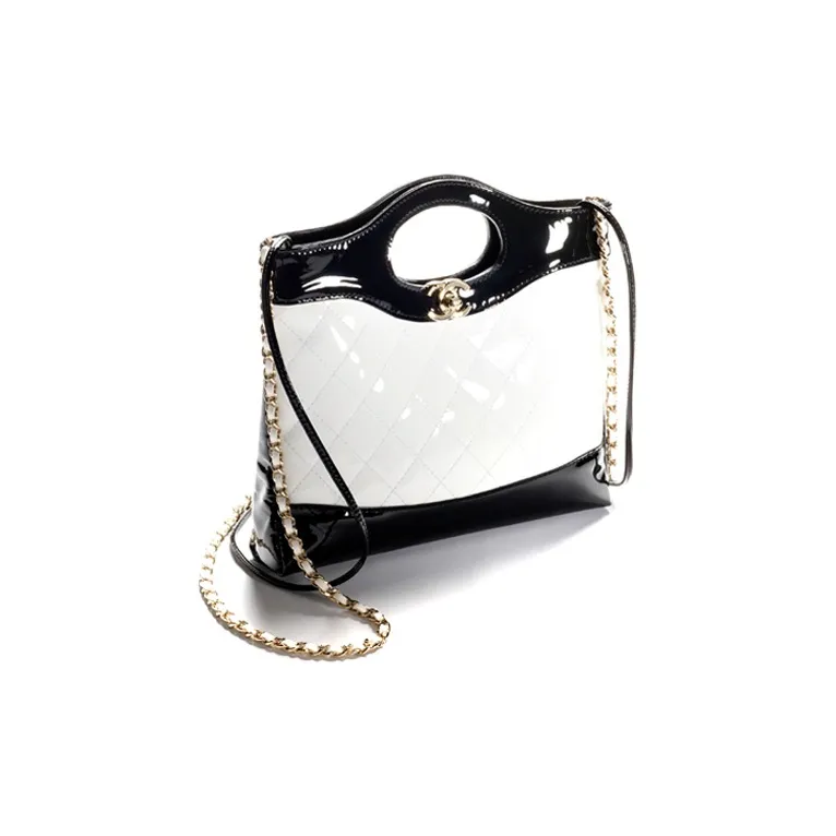 CHANEL Calf Patent Leather Shoulder Bag, Crossbody Bag, Handbag Mini Women's Black/White-1