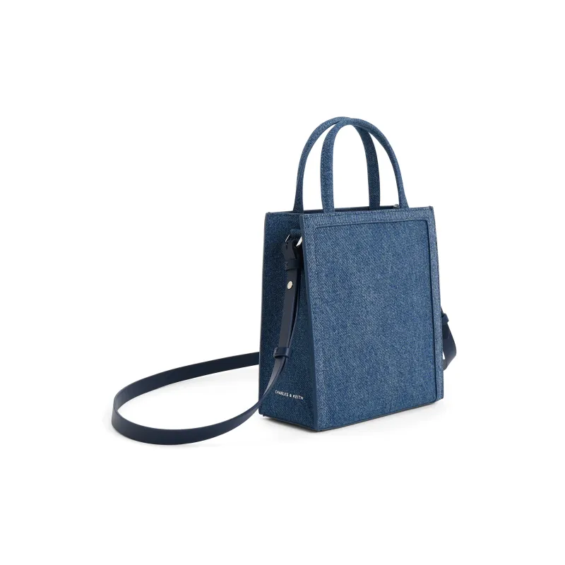CHARLES&KEITH PU, Textile Tote Crossbody One Shoulder Handbag Trumpets Women's Dark Denim Blue-2
