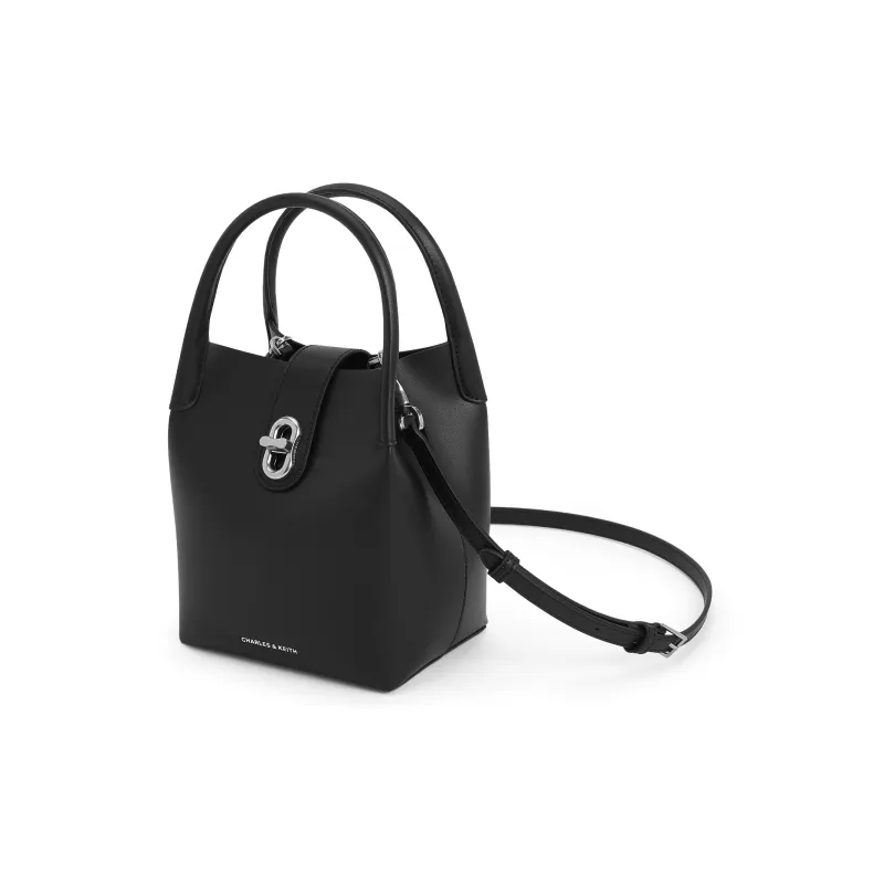 CHARLES&KEITH Polyurethane Mother And Child Bucket Bag One Shoulder Handbag Medium Size Women's Noir Black/Oat Oat-2
