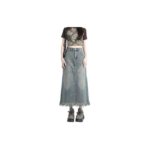 HELEH Denim Long Skirts Women's Distressed Color