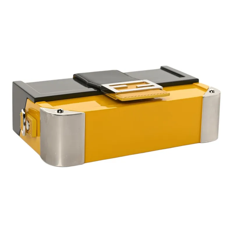 FENDI BaguetteTrunk Calfskin Leather Box Bag Baguette Bag Shoulder Bag Crossbody Bag Mini Men's Black/Yellow-2