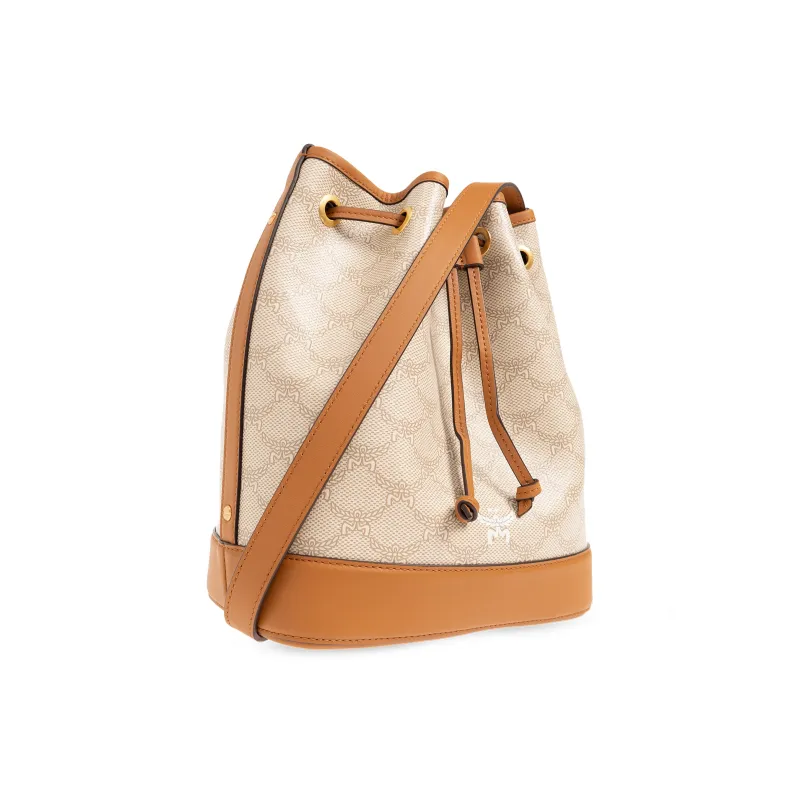 MCM Calfskin Leather Bucket Bag, Shoulder Bag, Crossbody Bag Medium Size Women's Beige-1