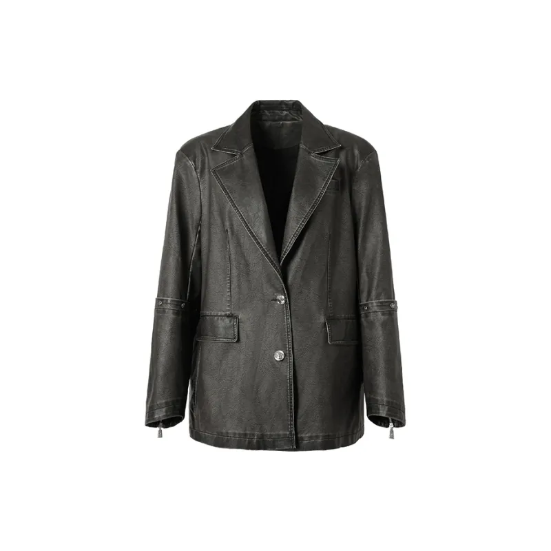 BE ALL KABUTO Leather Jacket Women's Black Coffee-1