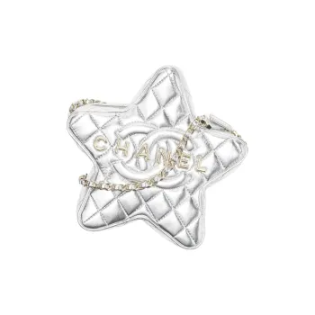 CHANEL Sheepskin Star Shaped Shoulder Crossbody Clutch Women's Silver