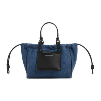 CHARLES&KEITH Fabric Tote Crossbody Handbag Medium Size Women's Dark Denim Blue