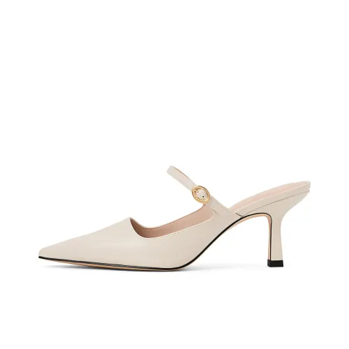 CHARLES&KEITH Small Ck Mules Closed Toe Slippers 7.5cm Women's Nude Flesh/Black
