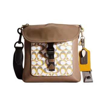 COACH Kitt Cross-Stitch Leather Shoulder Bag Crossbody Bag Small Size Men's Brass
