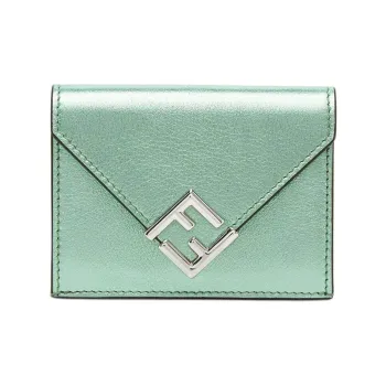 FENDI FF Diamonds Series Layered Leather Wallet Medium Size Women's Green