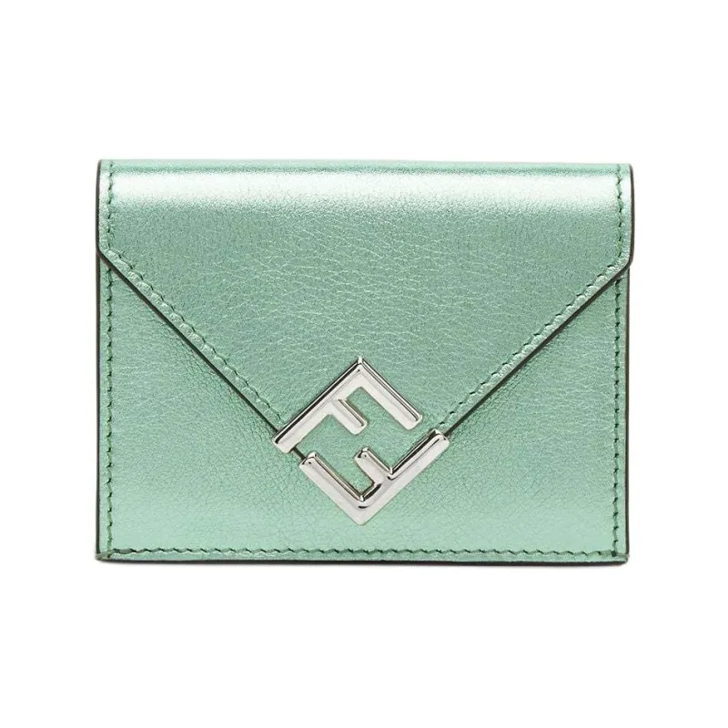 FENDI FF Diamonds Series Layered Leather Wallet Medium Size Women's Green-0