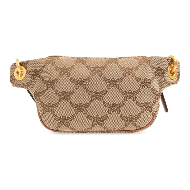 MCM Floral Pattern With Leather Trim One Shoulder Crossbody Fanny Pack Small Size Men's Beige-2