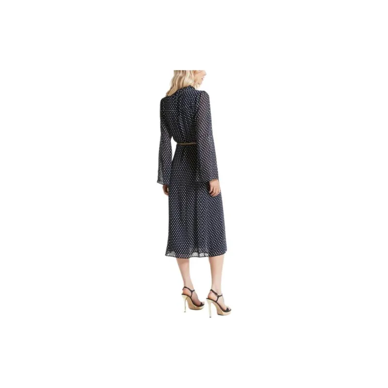 MICHAEL KORS Polka Dot Georgette Tie Neck Midi Dress-1