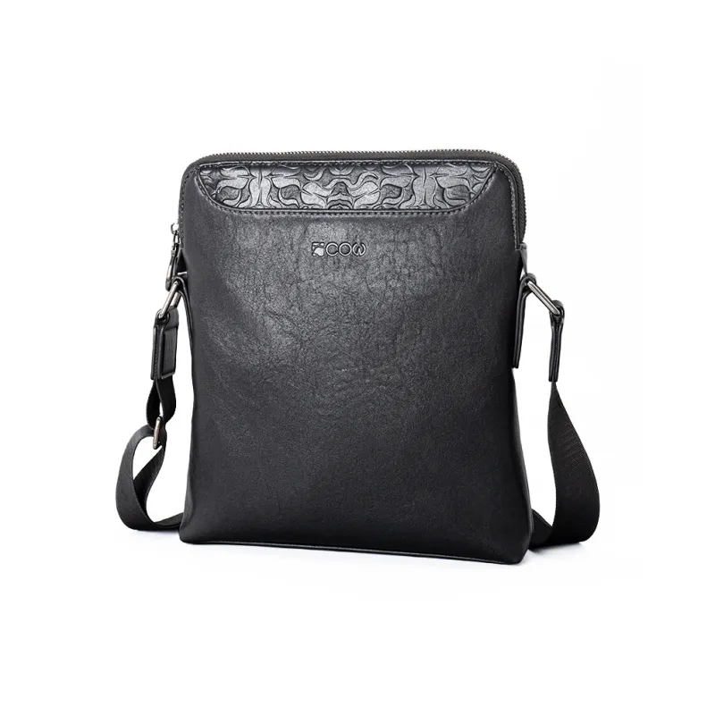 COW Microfiber Synthetic Leather Shoulder Bag Large Size Men's Black-1