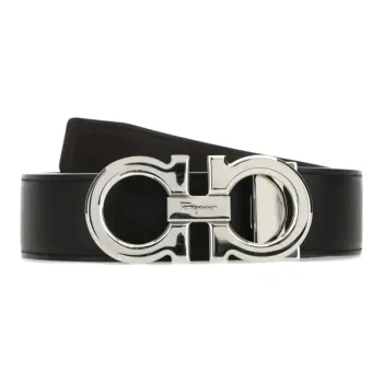 FERRAGAMO Double Ring Metal Smooth Buckle Leather Belts Men's Black Width  3.5cm