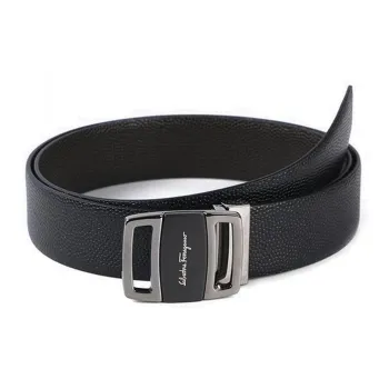 FERRAGAMO Emblem Letter Smooth Buckle Leather Belts Men's Black Width 3.4cm