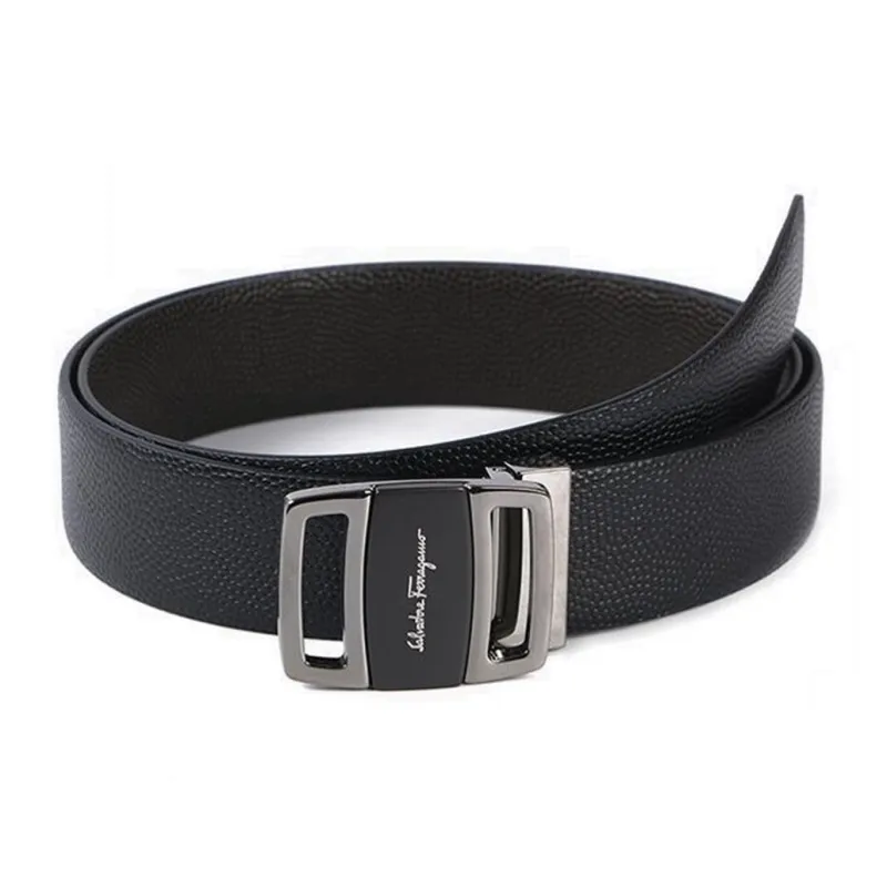 FERRAGAMO Emblem Letter Smooth Buckle Leather Belts Men's Black Width 3.4cm-0