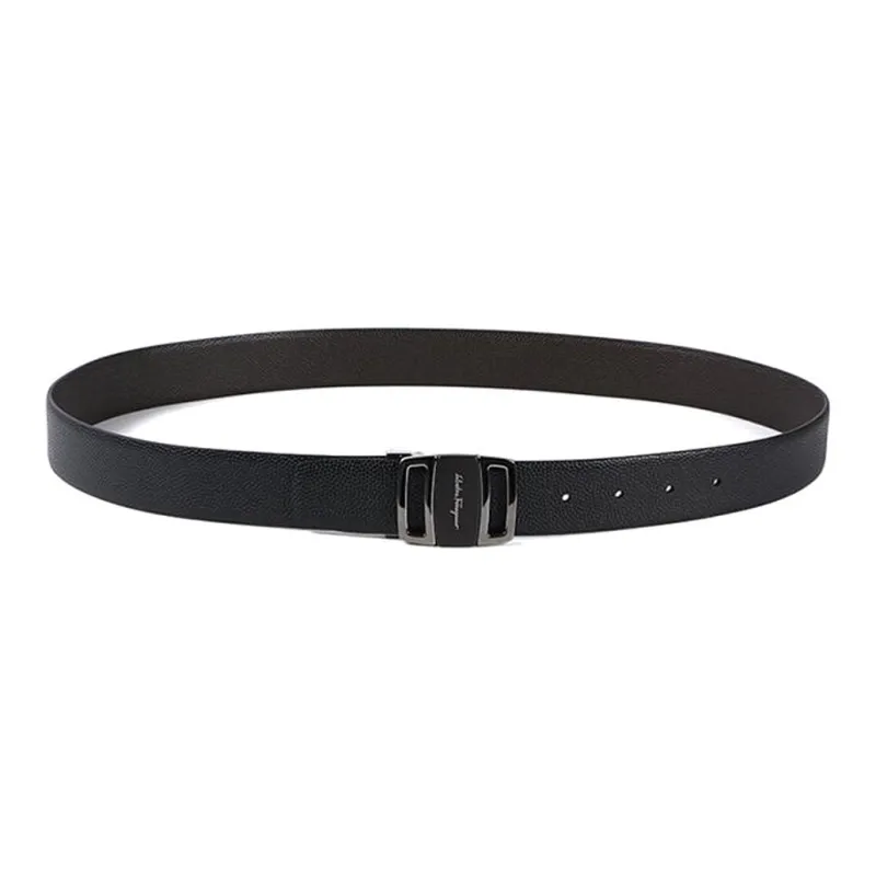 FERRAGAMO Emblem Letter Smooth Buckle Leather Belts Men's Black Width 3.4cm-2