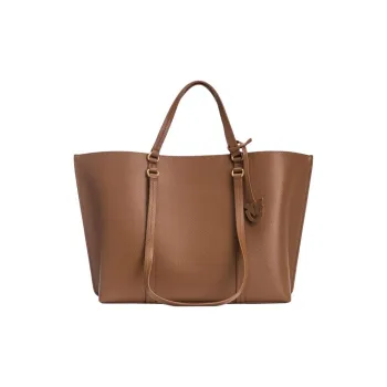 PINKO Cow Leather Tote Bag Shopping Bag One Shoulder Handbag Large Size Women's Brown