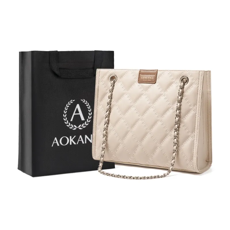 AOKANG Cow Leather Crossbody Bag Chain Tote Bag Arm Pocket Shoulder Bag Women's Milkshake White/Classic Black-0