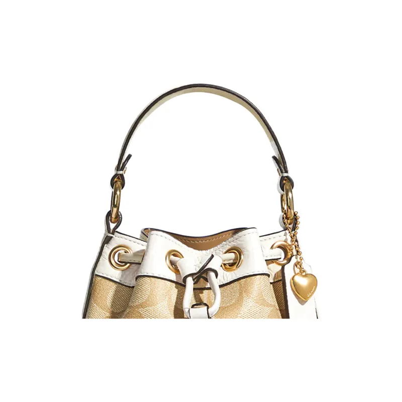 COACH Dempsey Coated Canvas With Leather Bucket Bag, Shoulder Bag, Crossbody Bag, Handbag Trumpets Women's Khaki White-3
