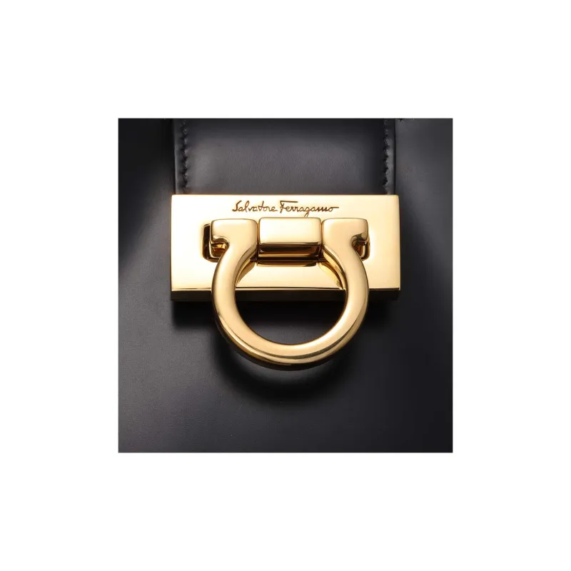 FERRAGAMO Trifolio Leather Shoulder Bag Women's Black-7