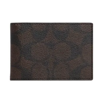 COACH Billfold Wallet Coated Canvas With Leather Card Slot Document Set Coin Purse Wallet Regular Unisex Coffee