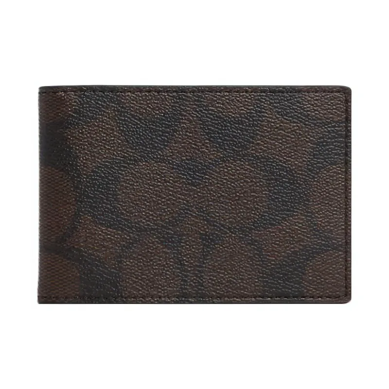 COACH Billfold Wallet Coated Canvas With Leather Card Slot Document Set Coin Purse Wallet Regular Unisex Coffee-0