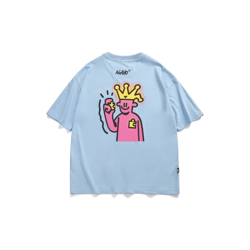 Guuka x AGAHO Slightly Drop Shoulder Short Sleeved T Shirts Unisex Pink Blue-1