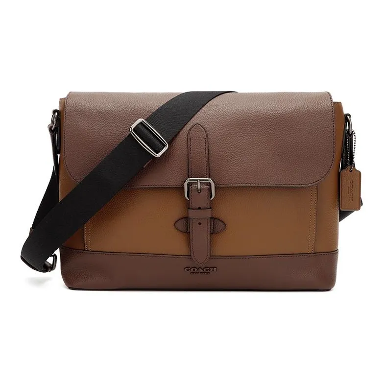 COACH Hudson Leather Messenger Bag, Briefcase, Shoulder Bag, Crossbody Bag Tubas Men's Brown Multicolor-1