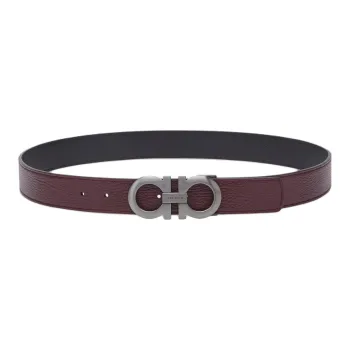 FERRAGAMO Double Sided Design Smooth Buckle Leather Belts Men's Umber Width 3.5CM