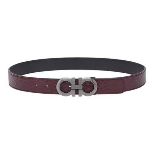 FERRAGAMO Double Sided Design Smooth Buckle Leather Belts Men's Umber Width 3.5CM