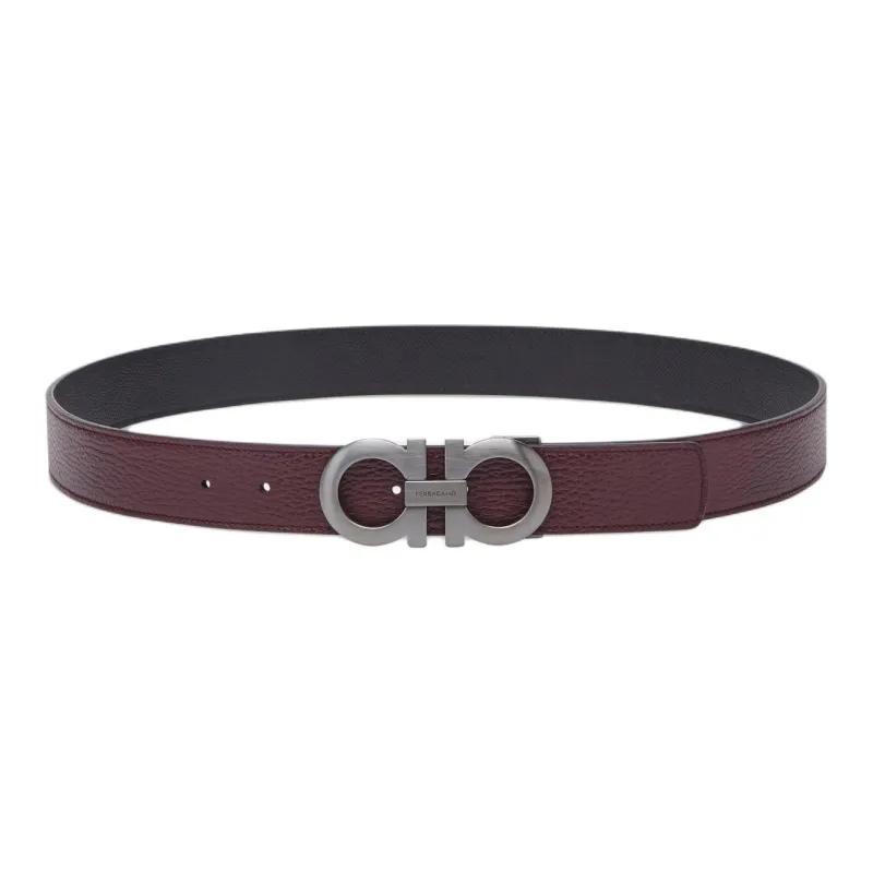 FERRAGAMO Double Sided Design Smooth Buckle Leather Belts Men's Umber Width 3.5CM-0