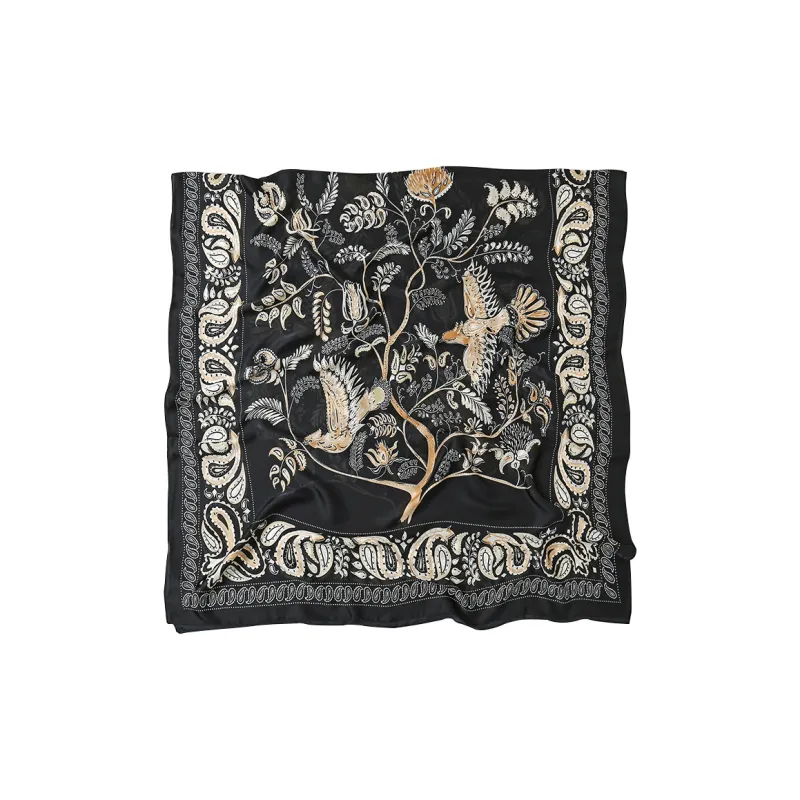 Eucalyptus Ornamentation Silk Scarves Women's Black-2