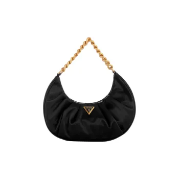 GUESS Pleated Satin Fabric Handbag Shoulder Bag Women's Black