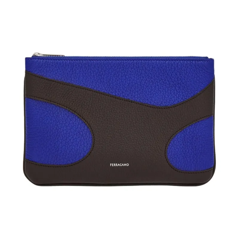 FERRAGAMO Stamped Calfskin Card Clip Card Holder Men's Blue Black-0