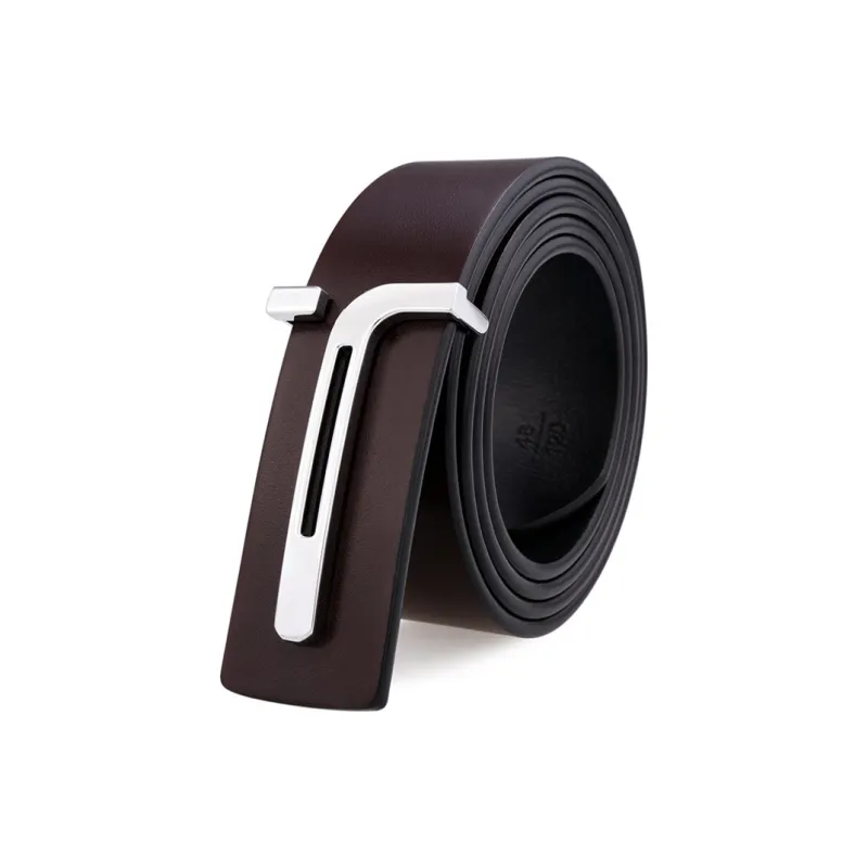 Cows Reign Minimalist Style T Shape Business Casual Smooth Buckle Leather Belts Men's Width 3.4cm-4