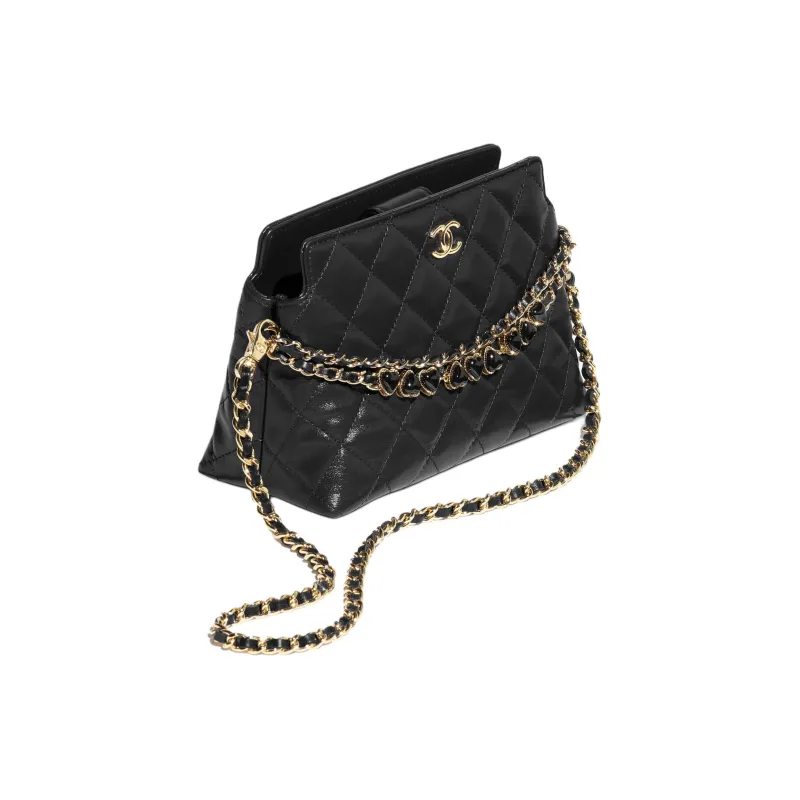 CHANEL Bright Crinkle Calfskin One Shoulder Crossbody Clutch Women's Black-1
