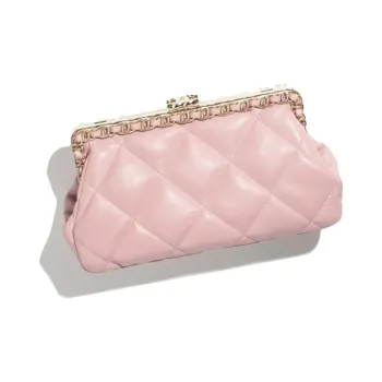 CHANEL Bright Lambskin Evening Clutch Bag Trumpets Women's Light Pink